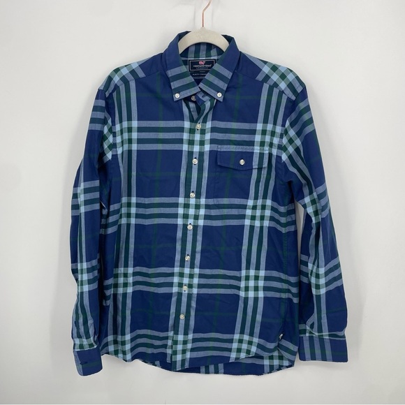 Vineyard Vines Shirt M Slim Fit Mens Performance Crosby Plaid Long Sleeve Blue - Picture 1 of 7